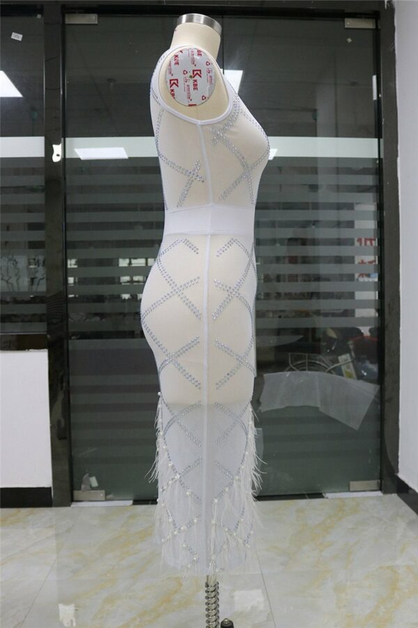 Beaded Net Yarn Feather Hem V-Neck Midi Dress