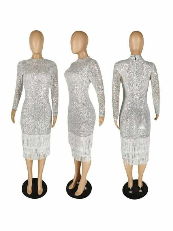 Long Sleeve Tassel Sequins Glitter Bodycon Midi Dress